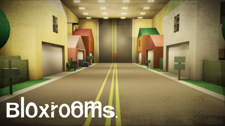 An indoor street with houses beneath fluorescent lights in official Bloxrooms artwork